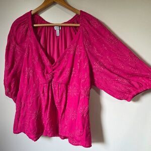 EUC SOFIE JEANS BY SOFIA VERGARA PINK V NECK BABYDOLL BRODERIE ANGLAISE TOP XXL